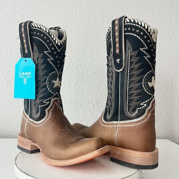 Lane RODEO HOUSTON Mens Cowboy Boots 9.5 Brown Leather Western Blunt Toe - Picture 1 of 12